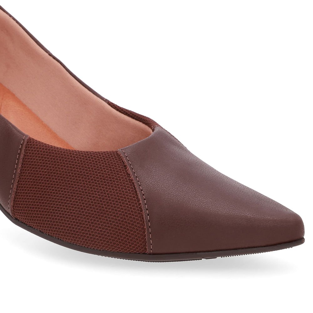 Scarpin Couro Marrom Bico Fino Lateral Tecido Marrom 4