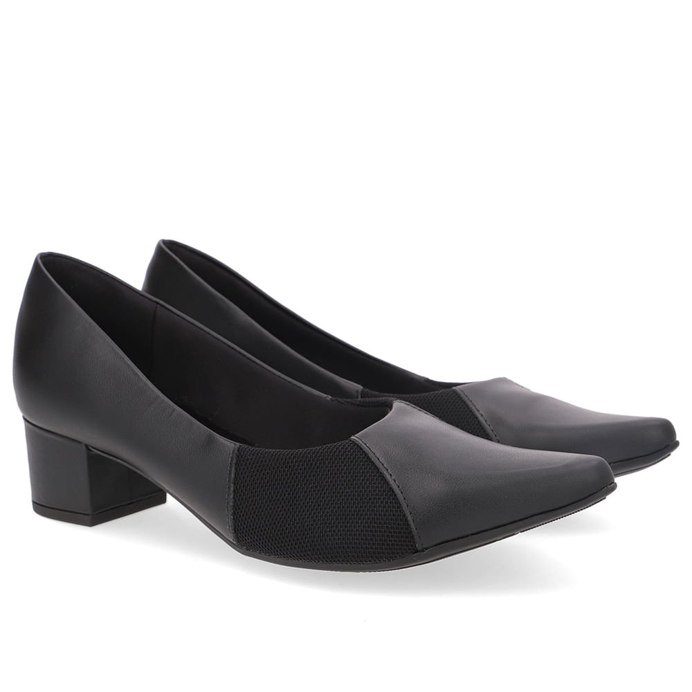 Scarpin Couro Preto Bico Fino Lateral Tecido Preto 2