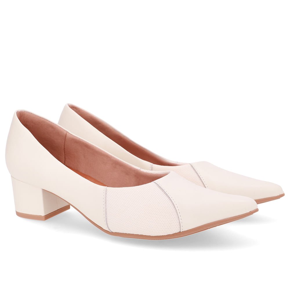 Scarpin Couro Branco Marfim Bico Fino Lateral Tecido Marfim 2