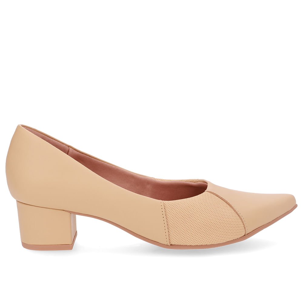 Scarpin Couro Bege Bico Fino Lateral Tecido