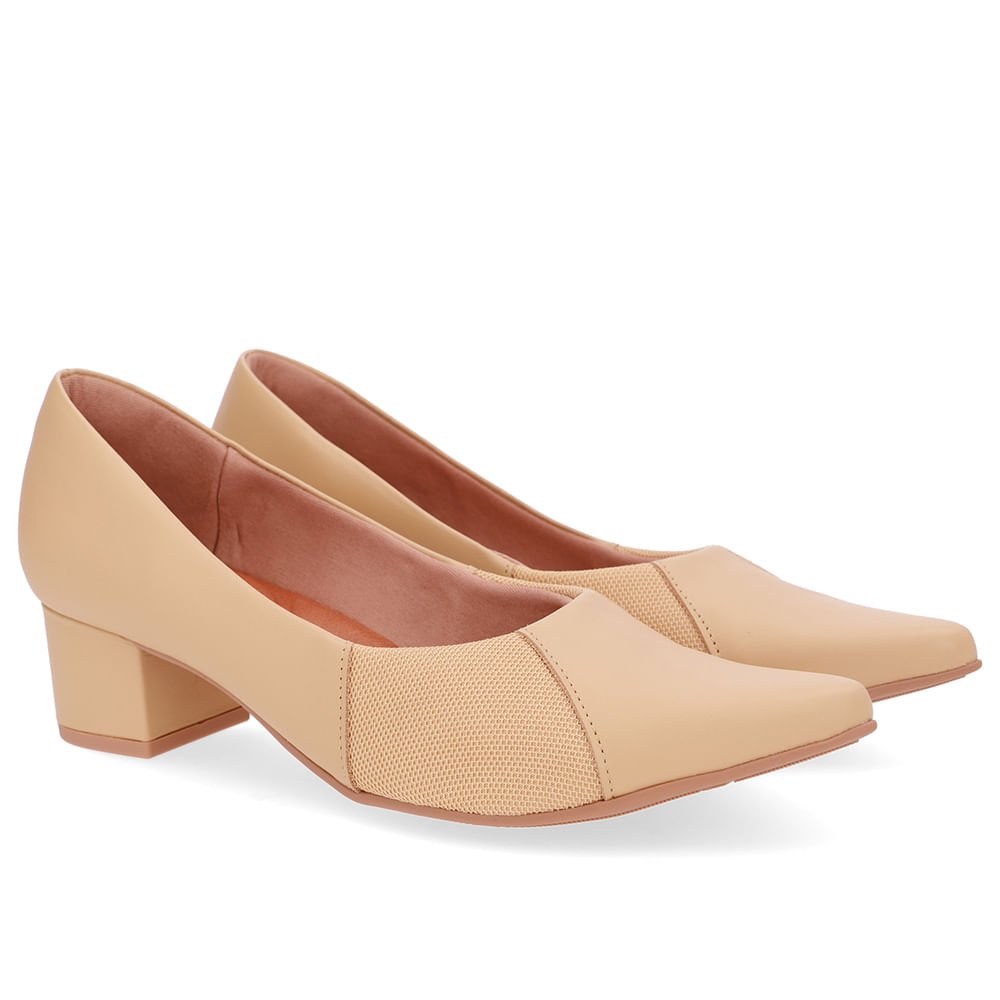 Scarpin Couro Bege Bico Fino Lateral Tecido Bege 2