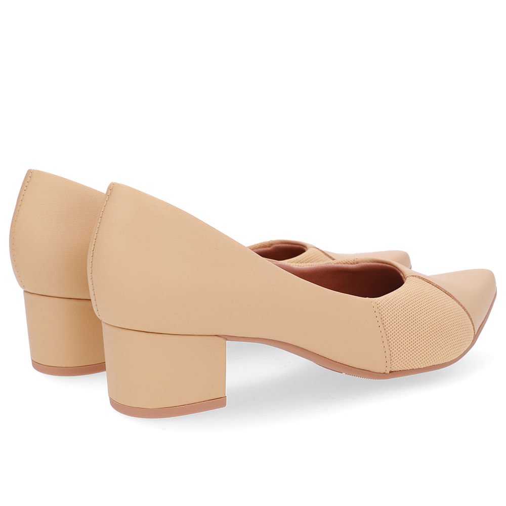 Scarpin Couro Bege Bico Fino Lateral Tecido Bege 3