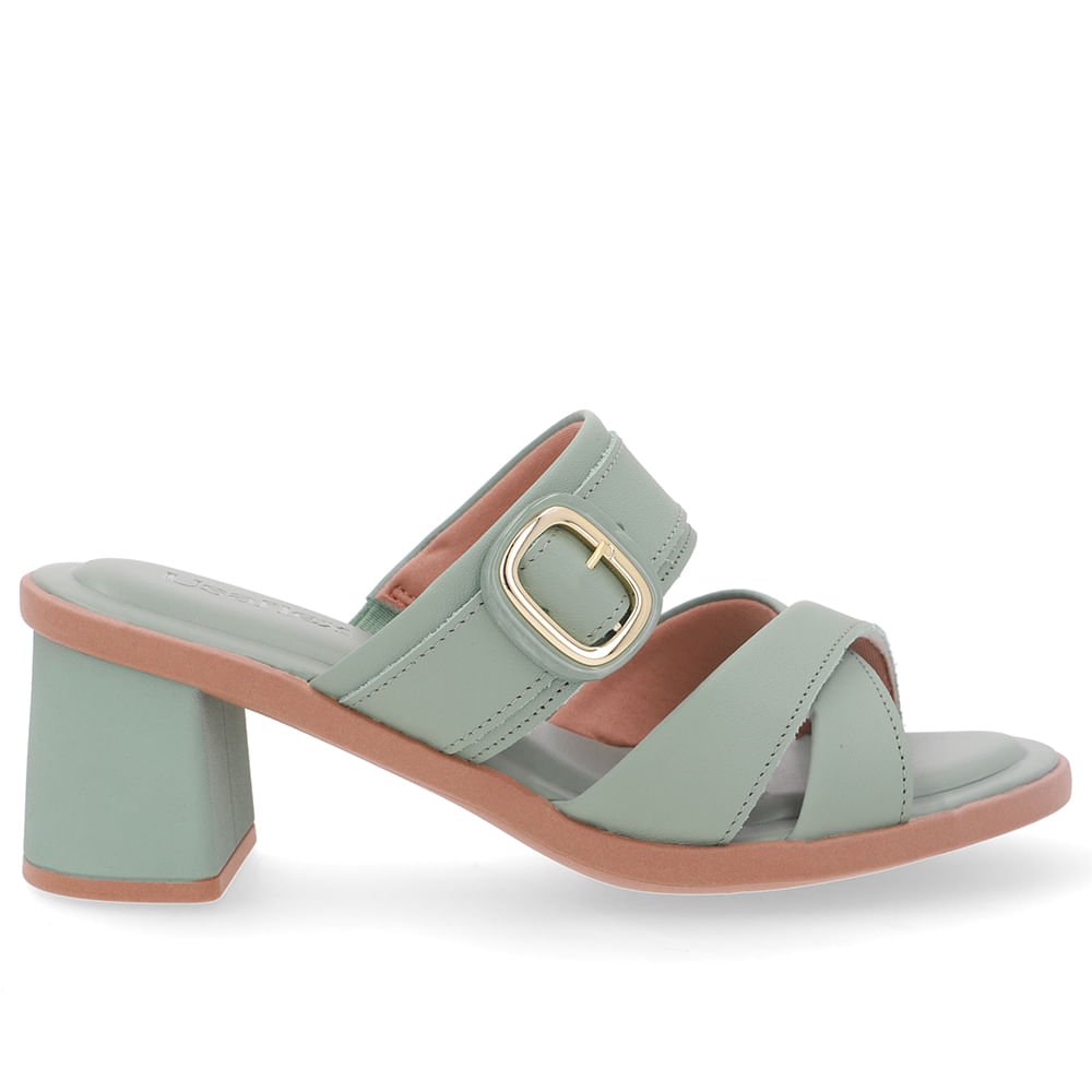 Tamanco Salto Bloco Couro Verde Tira Cruzada