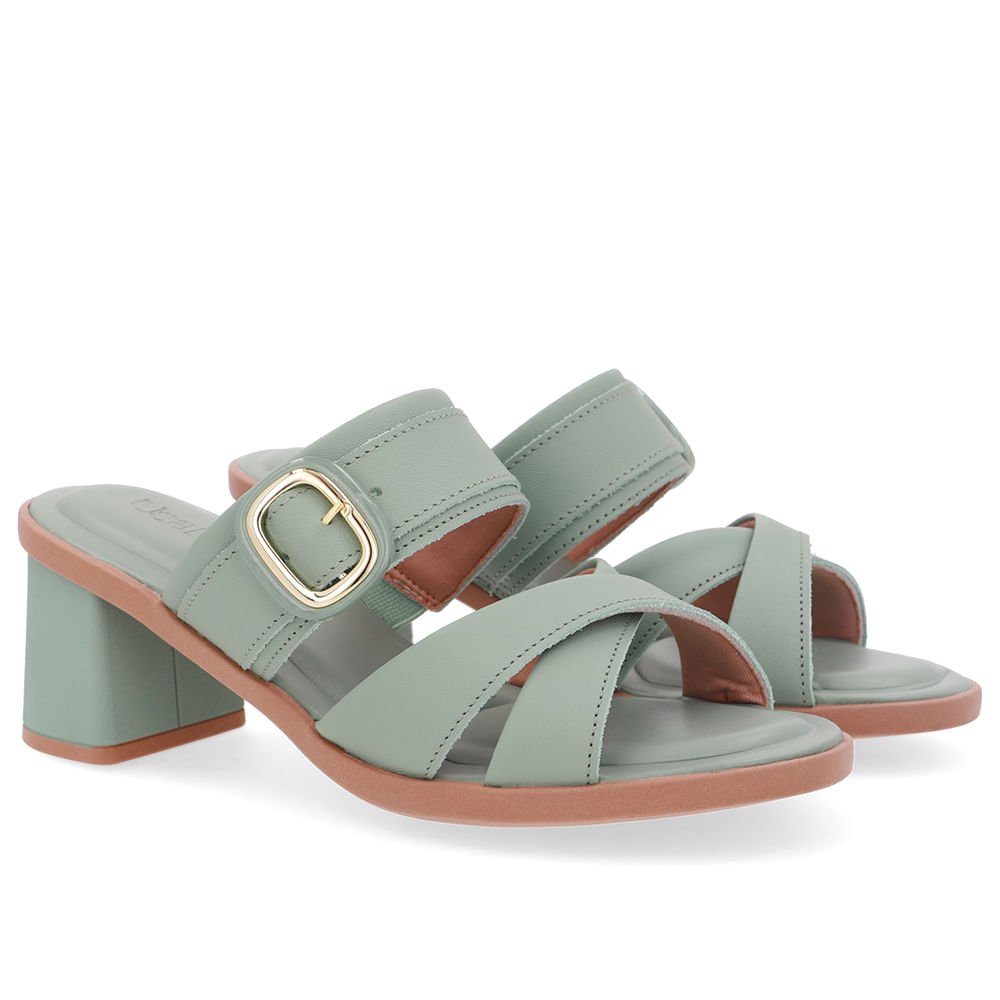 Tamanco Salto Bloco Couro Verde Tira Cruzada Verde 2