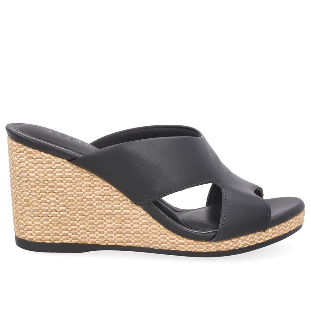 Tamanco Anabela Palha Couro Preto