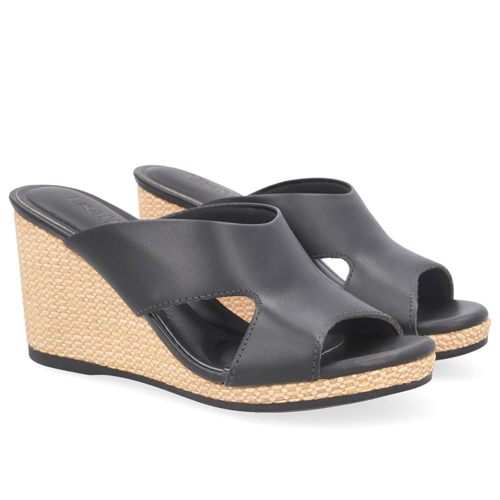 Tamanco Anabela Palha Couro Preto Preto 2