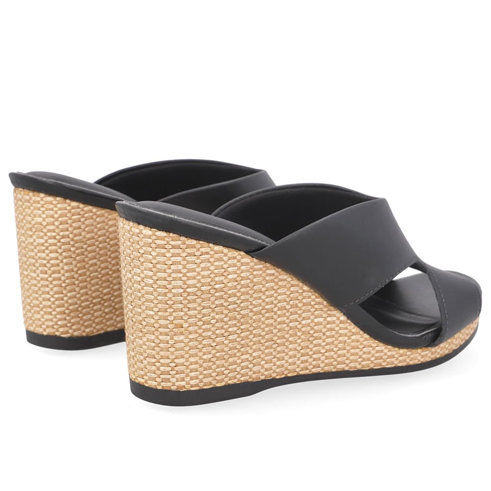 Tamanco Anabela Palha Couro Preto Preto 3