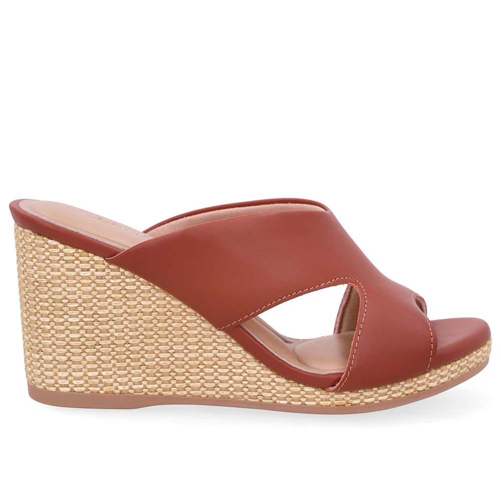 Tamanco Anabela Palha Couro Marrom