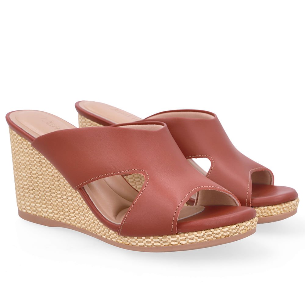 Tamanco Anabela Palha Couro Marrom Marrom 2