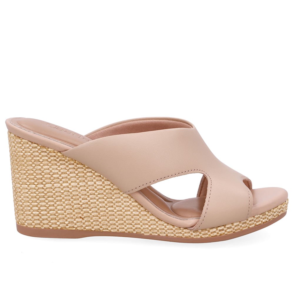 Tamanco Anabela Palha Couro Bege