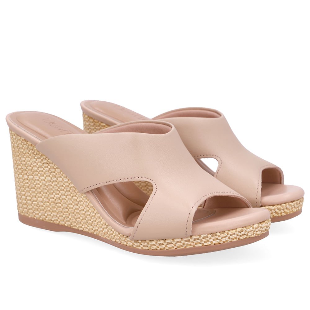 Tamanco Anabela Palha Couro Bege Bege 2