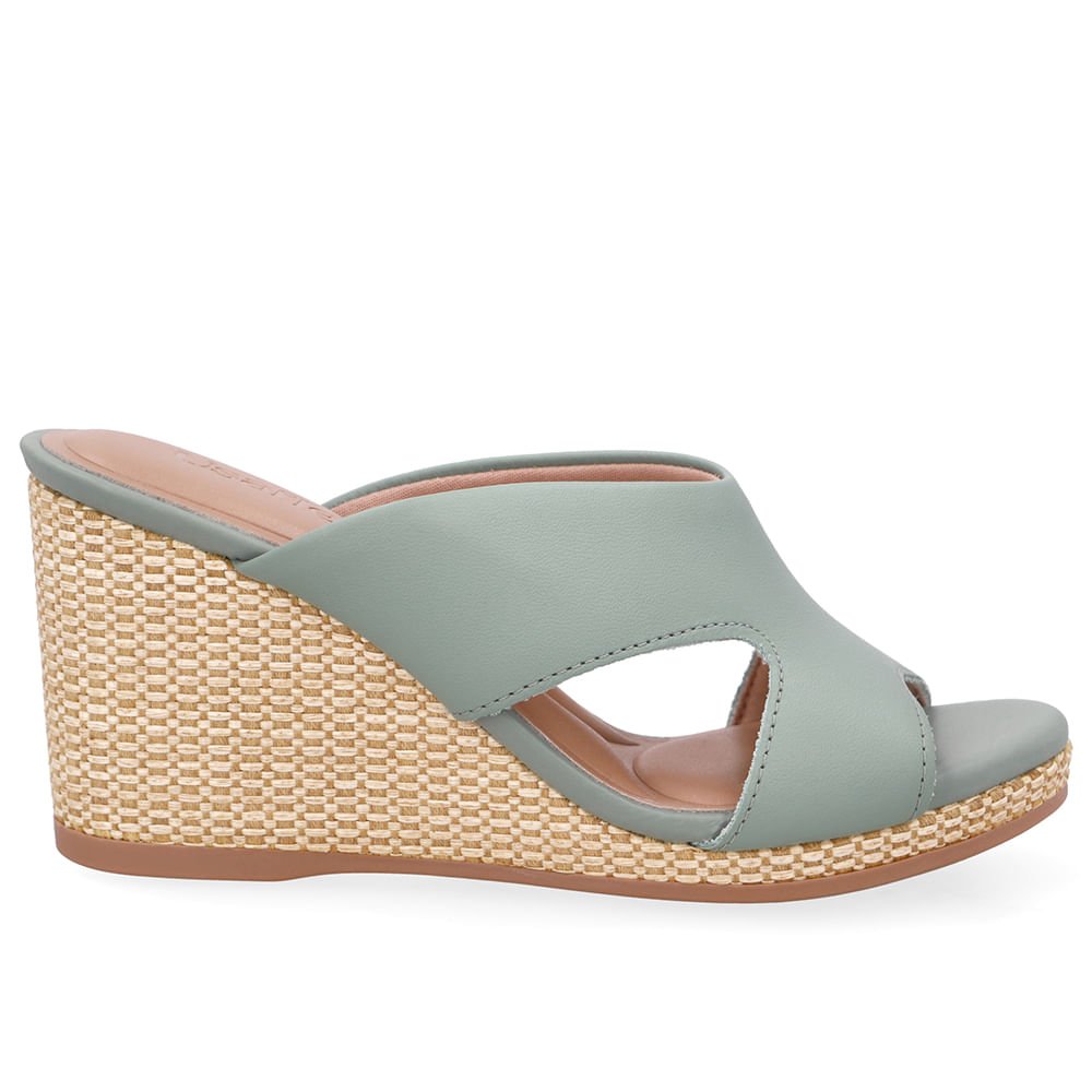 Tamanco Anabela Palha Couro Verde