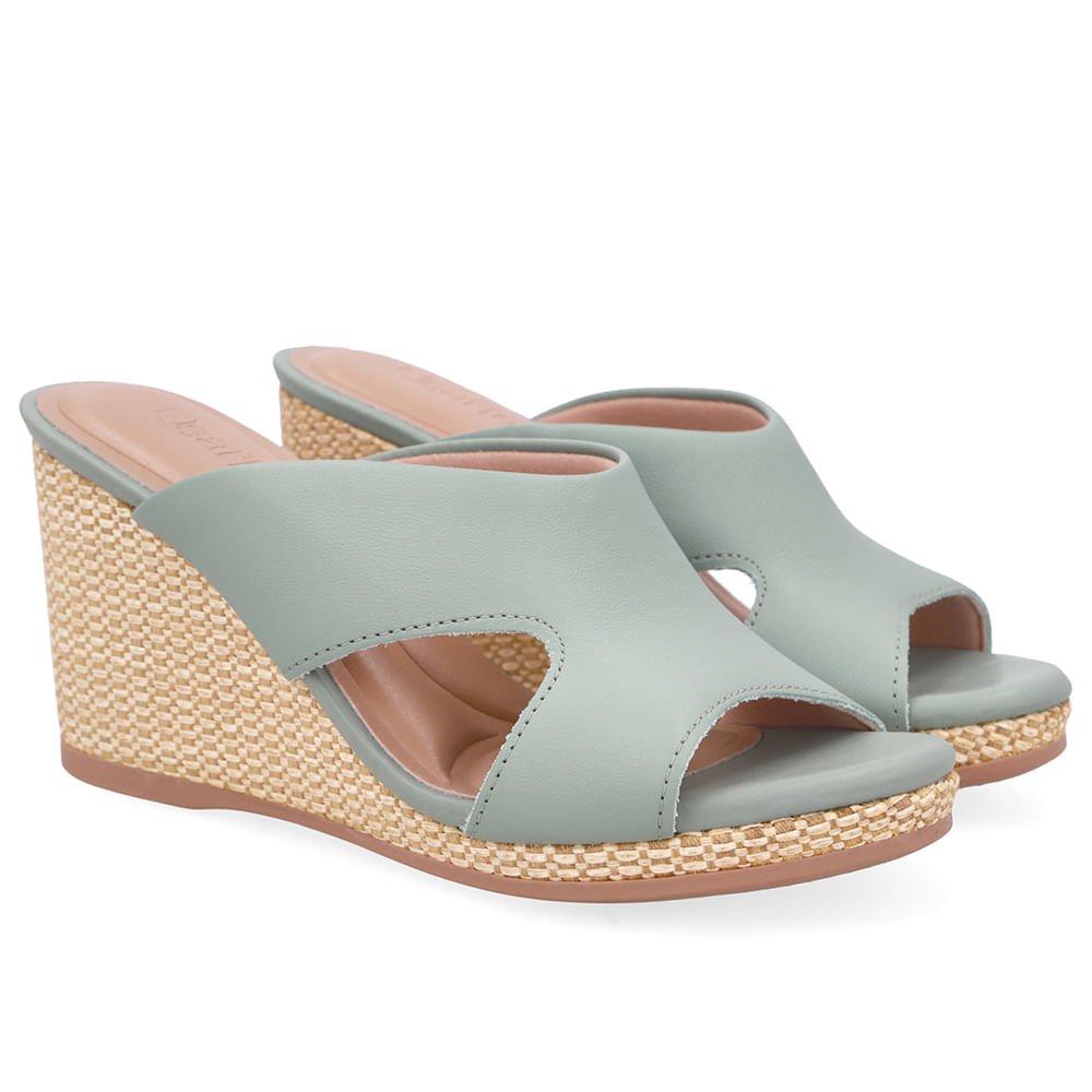 Tamanco Anabela Palha Couro Verde Verde 2