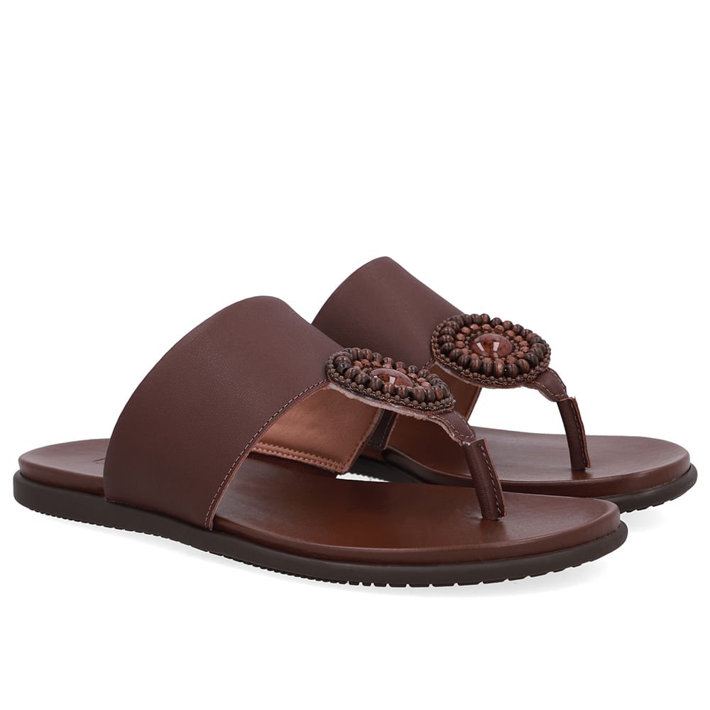Chinelo Tira Couro Marrom Enfeite Marrom 2