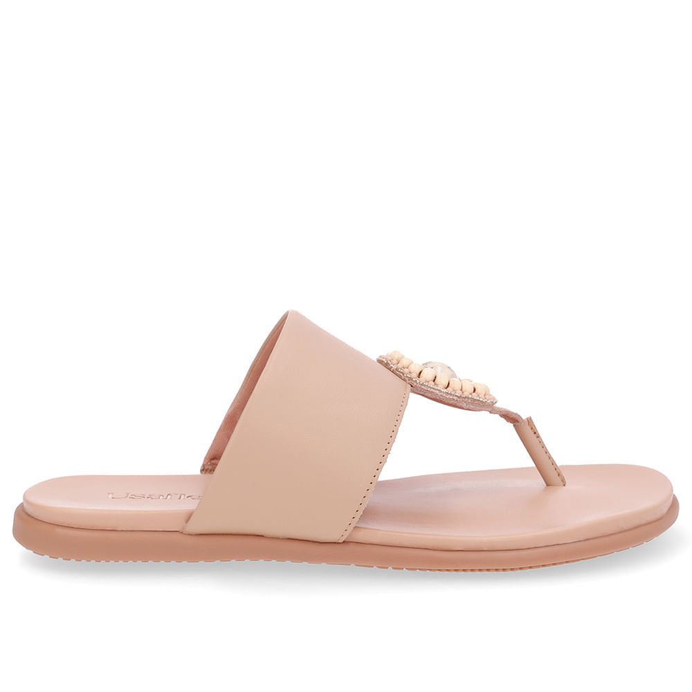 Chinelo Tira Couro Bege Enfeite