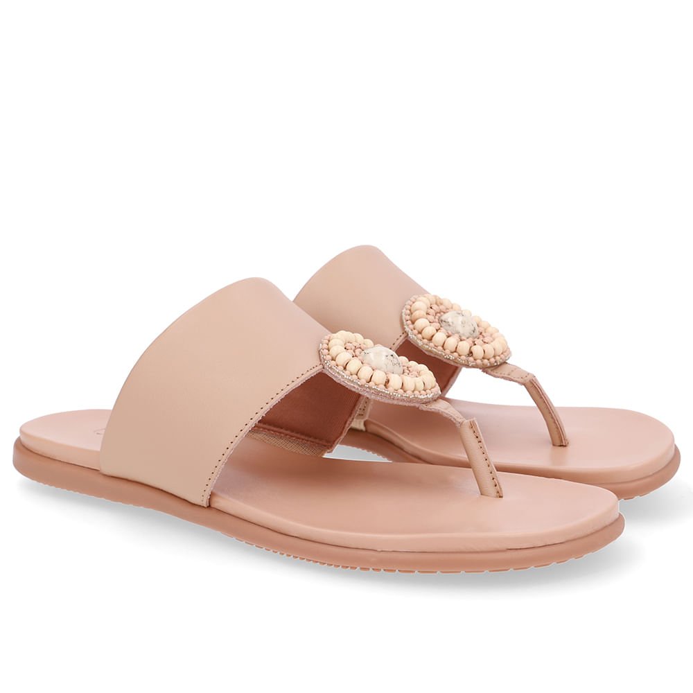 Chinelo Tira Couro Bege Enfeite Bege 2