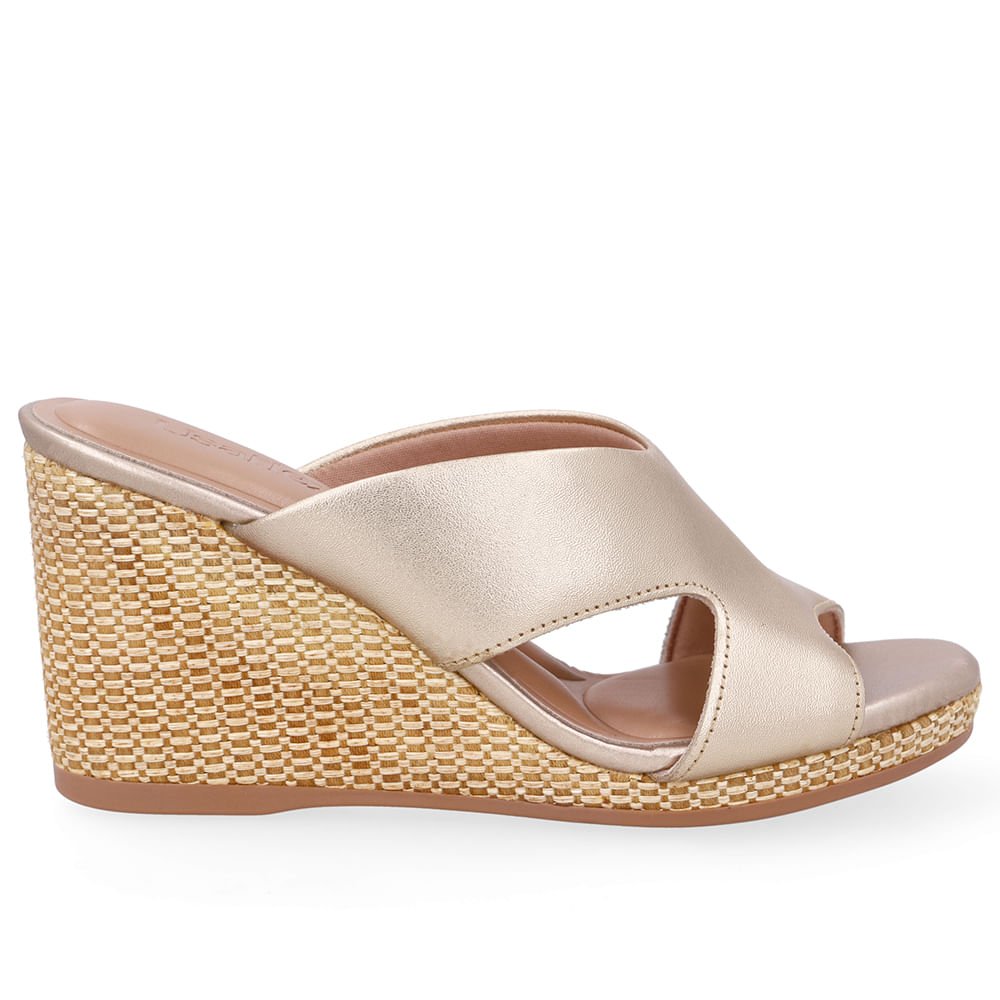 Tamanco Anabela Palha Couro Dourado