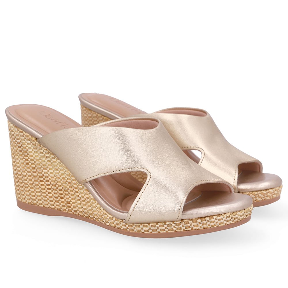 Tamanco Anabela Palha Couro Dourado Dourado 2