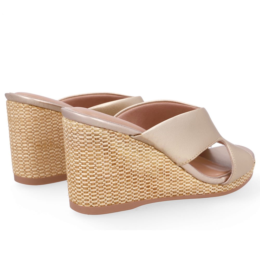 Tamanco Anabela Palha Couro Dourado Dourado 3