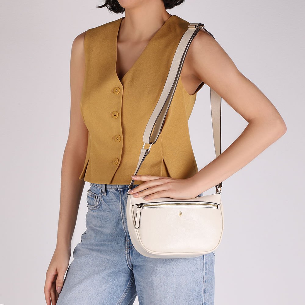 Bolsa Tiracolo Couro Branca Marfim Zíper Frontal Branco 4