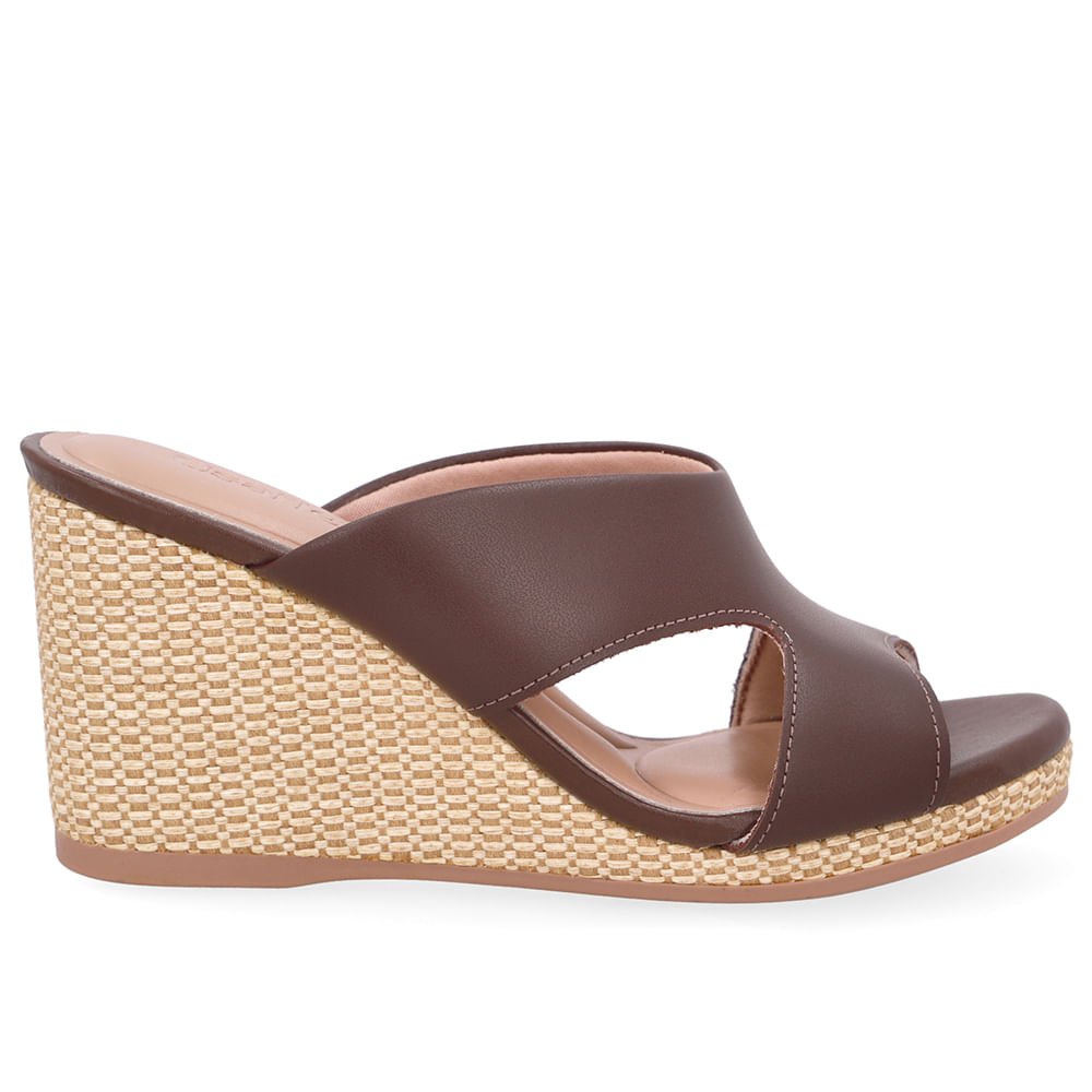 Tamanco Anabela Palha Couro Marrom