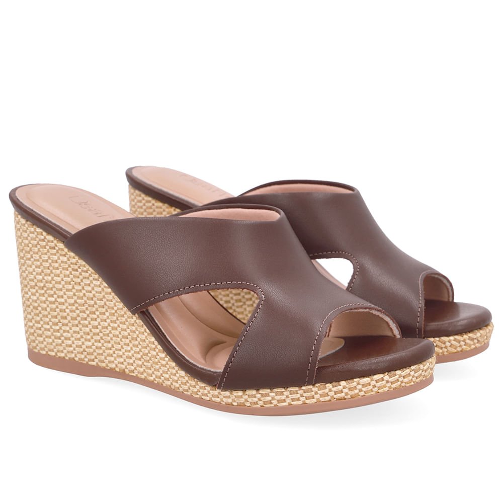 Tamanco Anabela Palha Couro Marrom Marrom 2