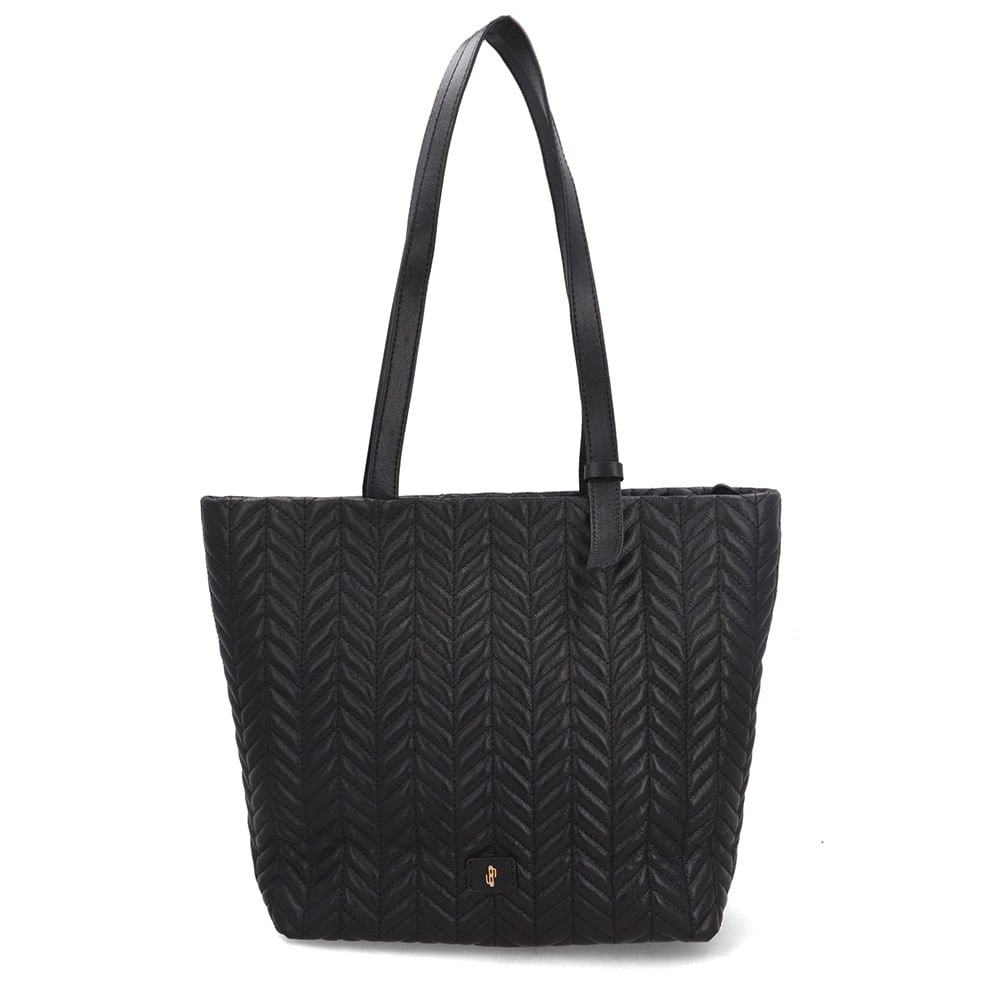 Bolsa Shopper Couro Preta Detalhe Bordado