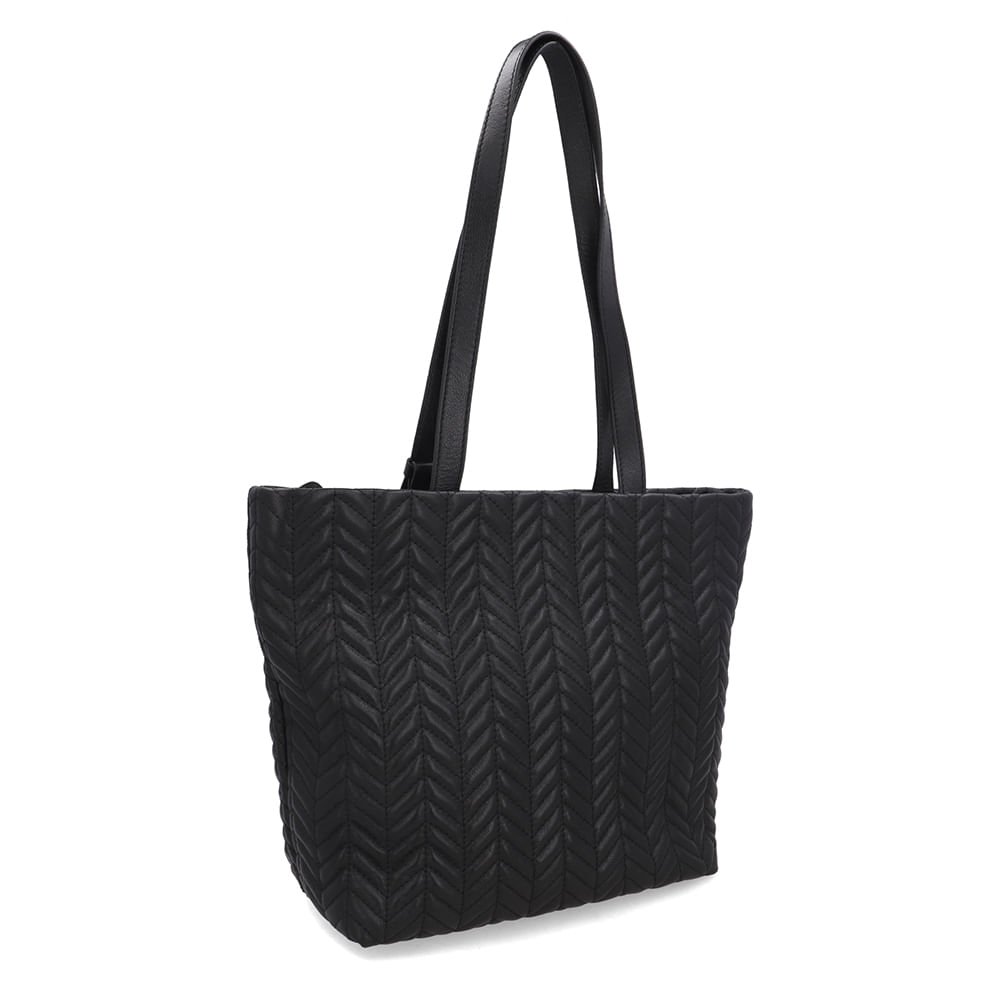 Bolsa Shopper Couro Preta Detalhe Bordado Preto 2