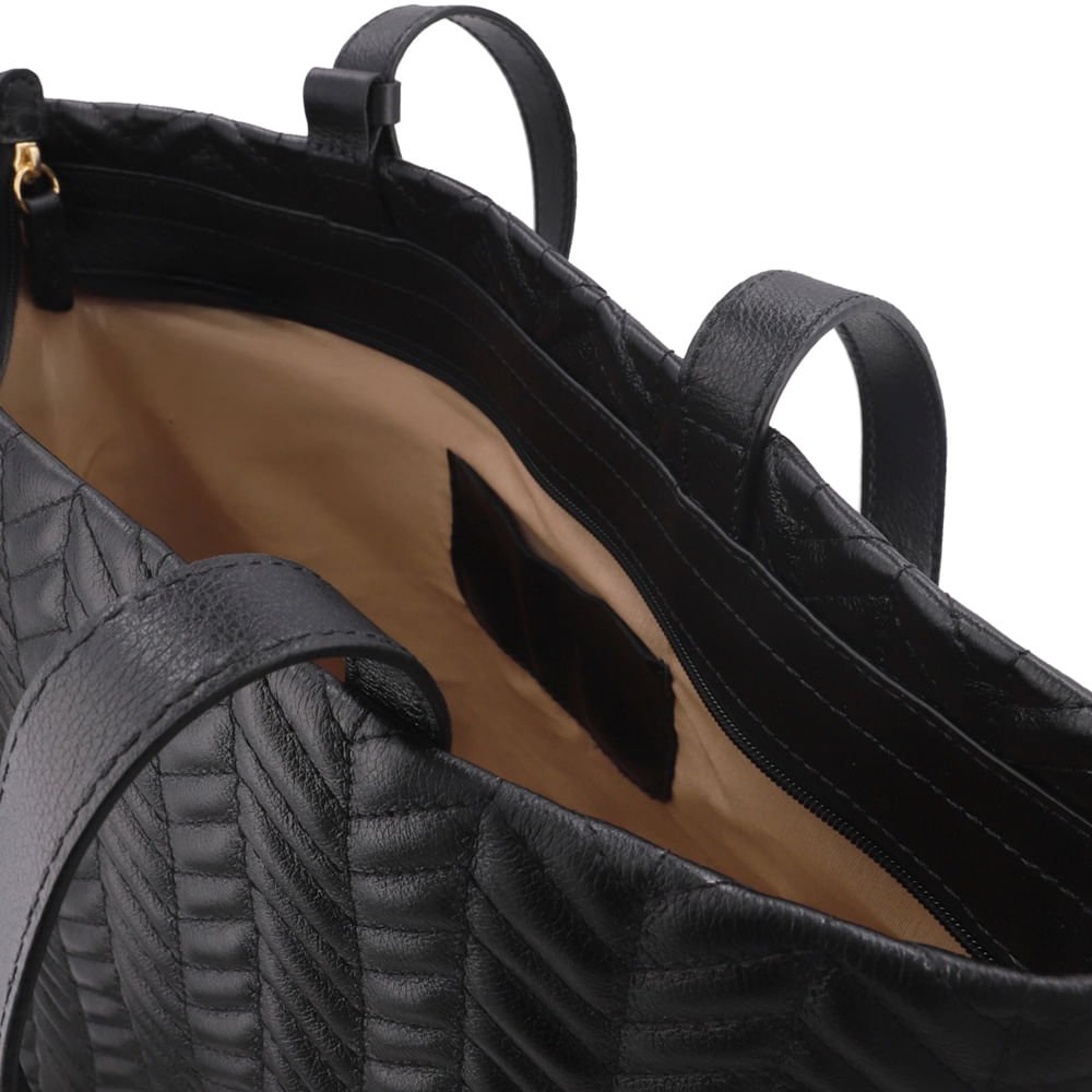 Bolsa Shopper Couro Preta Detalhe Bordado Preto 3