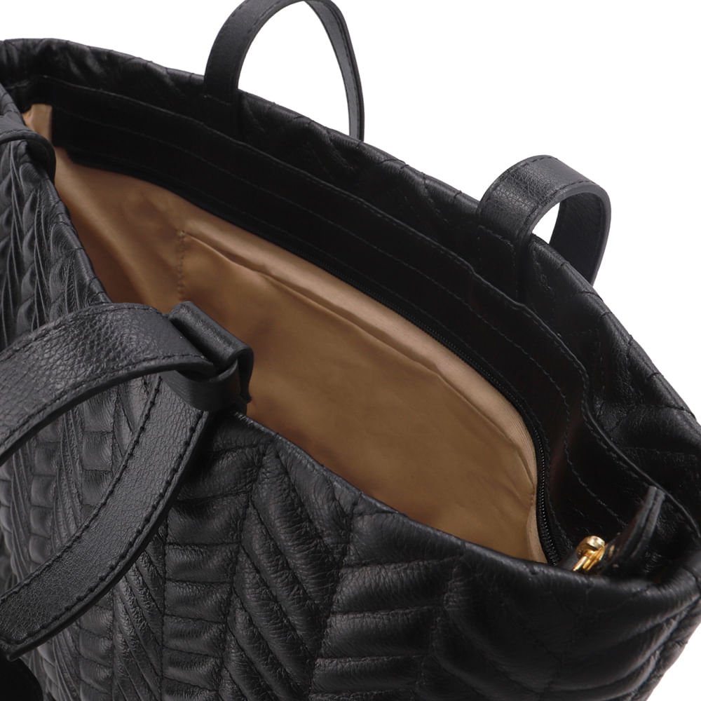 Bolsa Shopper Couro Preta Detalhe Bordado Preto 4