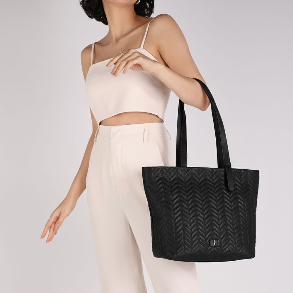 Bolsa Shopper Couro Preta Detalhe Bordado Preto 5