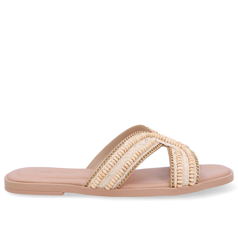 Rasteira Bico Redondo Couro Bege Trama