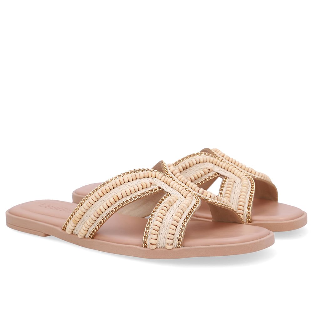 Rasteira Bico Redondo Couro Bege Trama Bege 2