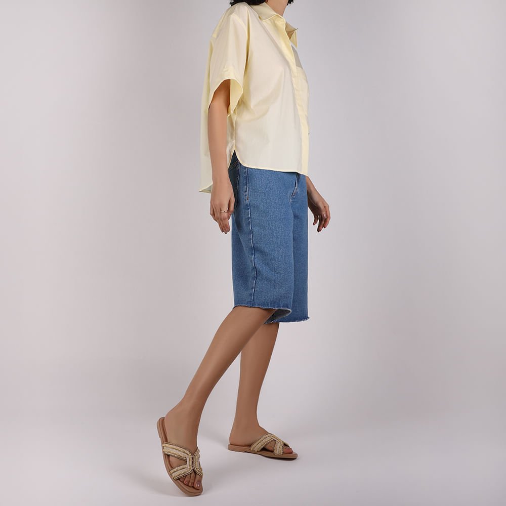 Rasteira Bico Redondo Couro Bege Trama Bege 4