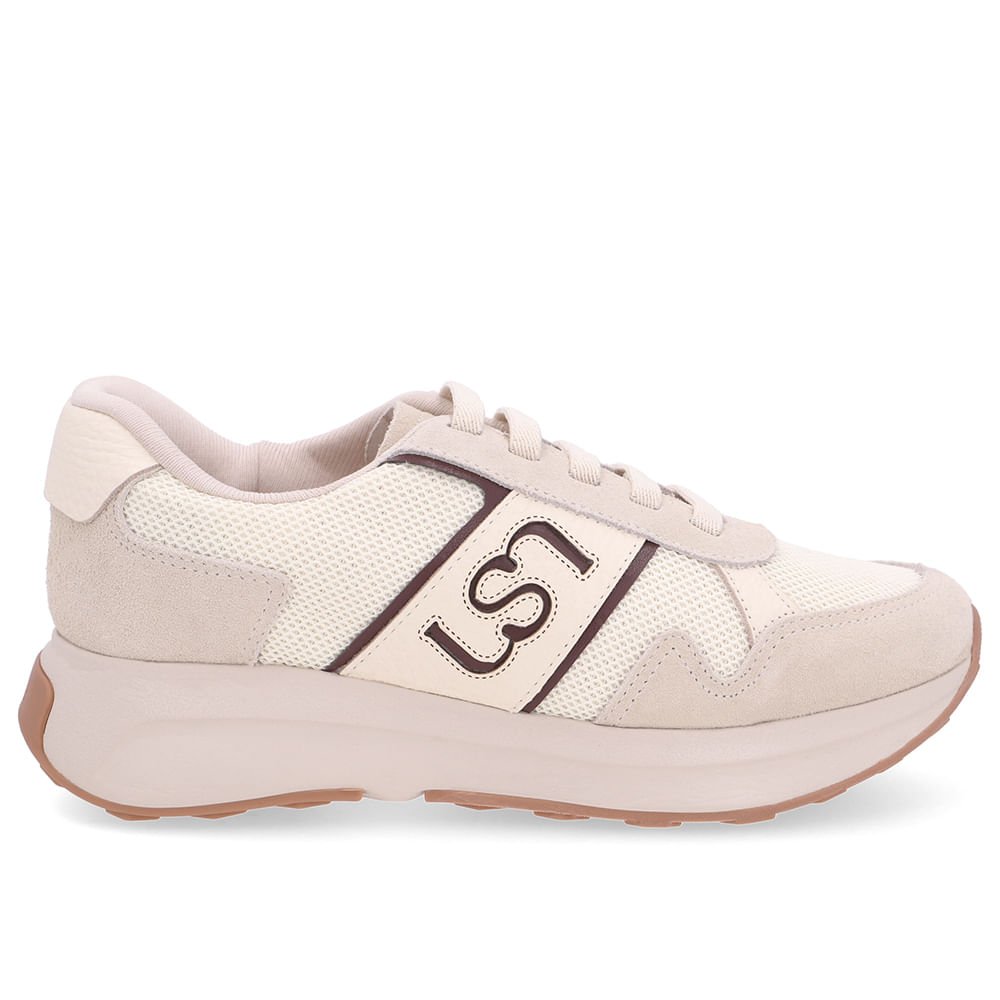 Tênis Couro Branco Marfim Lateral Tecido Monograma