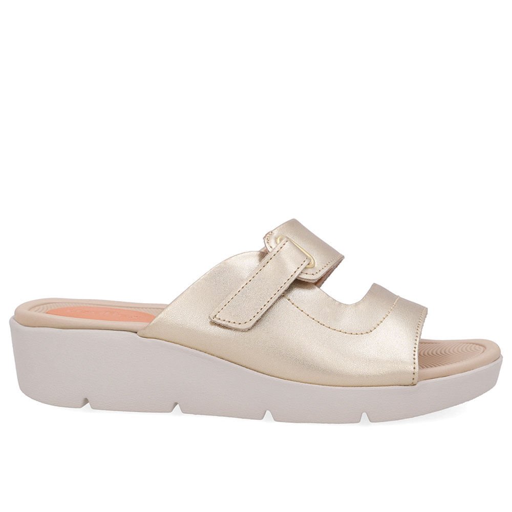 Tamanco Salto Plataforma Couro Dourado Fecho-Flex