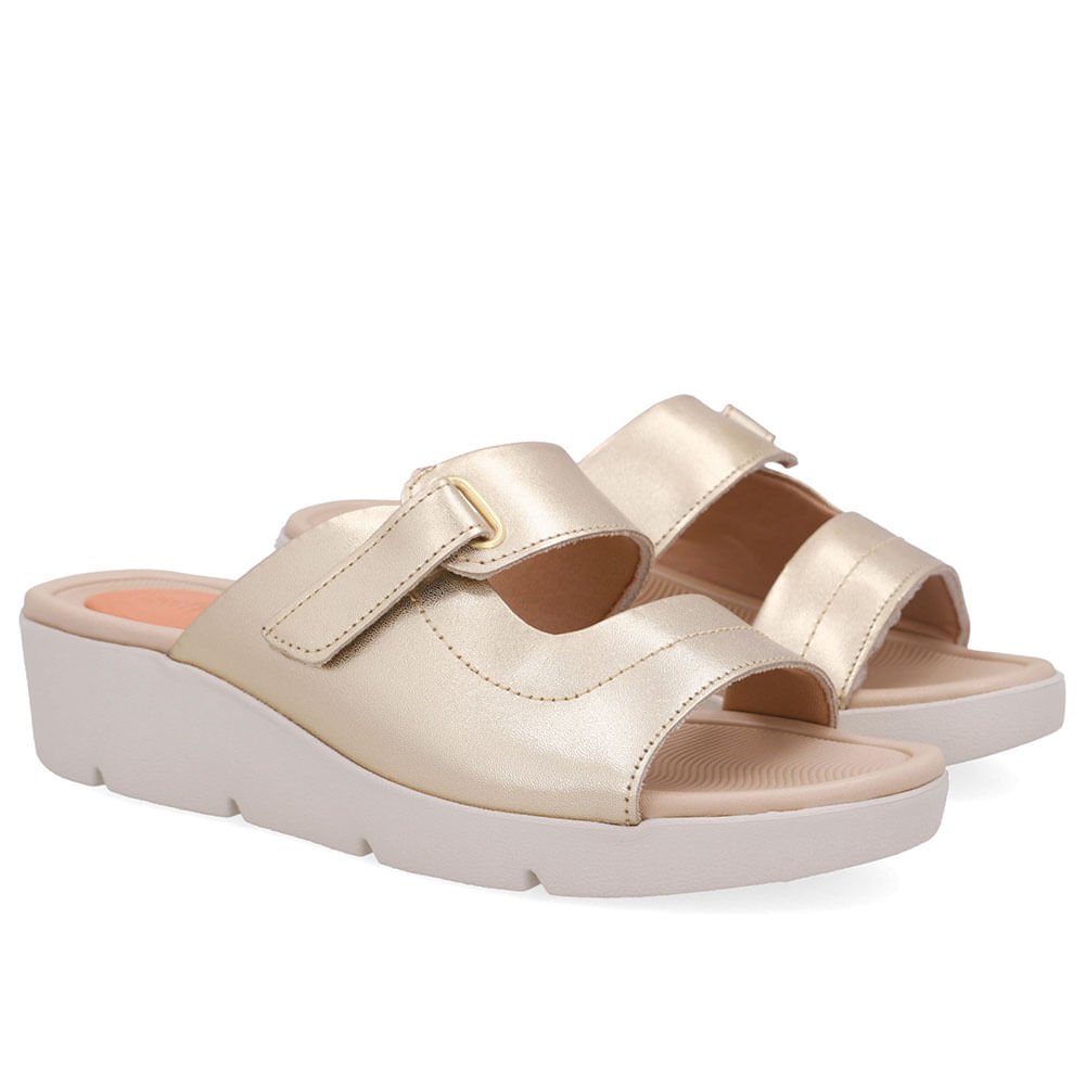 Tamanco Salto Plataforma Couro Dourado Fecho-Flex Dourado 2