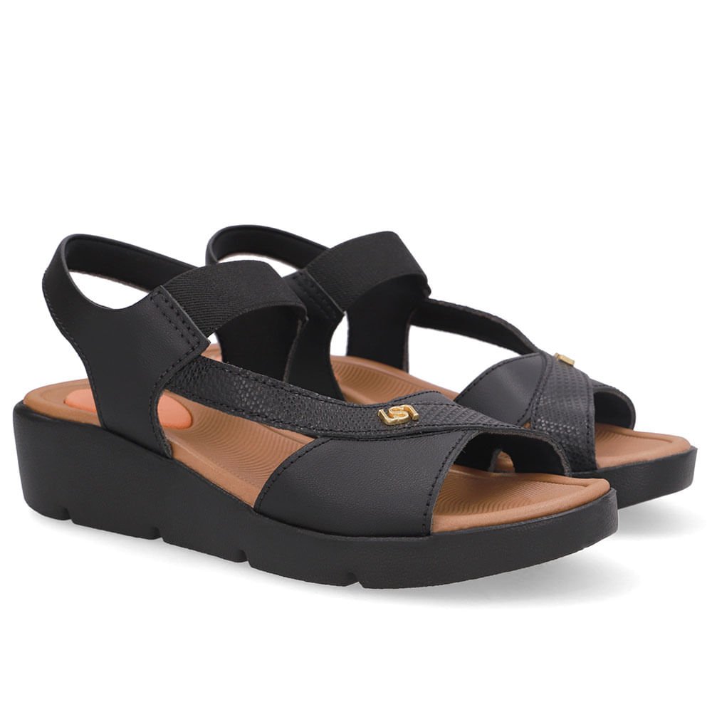 Sandália Couro Preta Tira Elástico Preto 2