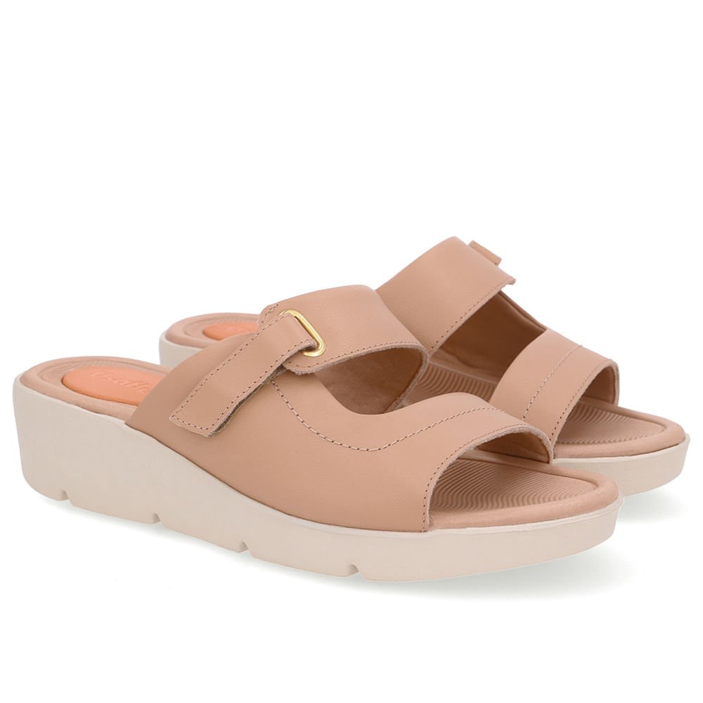 Tamanco Salto Plataforma Couro Bege Fecho-Flex Bege 2