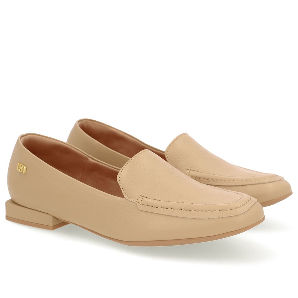 Loafer Bege Couro Salto Bloco Bege 2