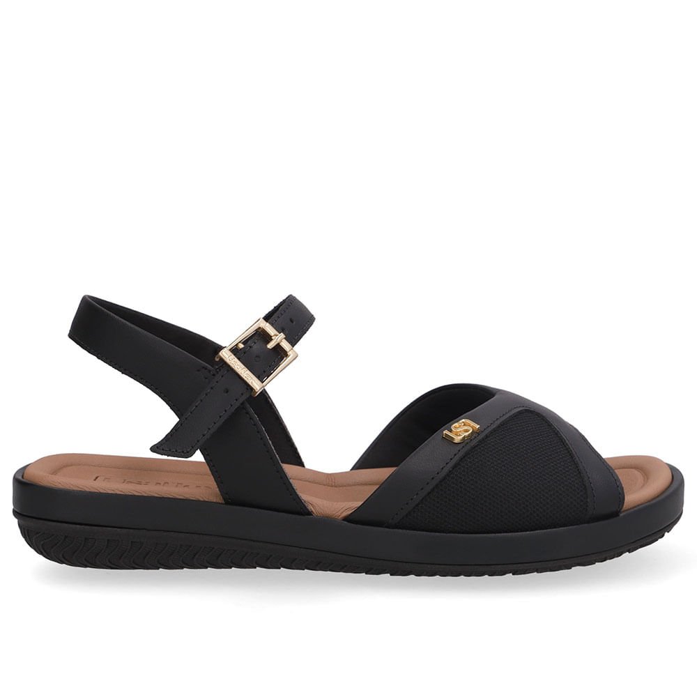 Sandália Salto Baixo Couro Preta Lateral Tecido