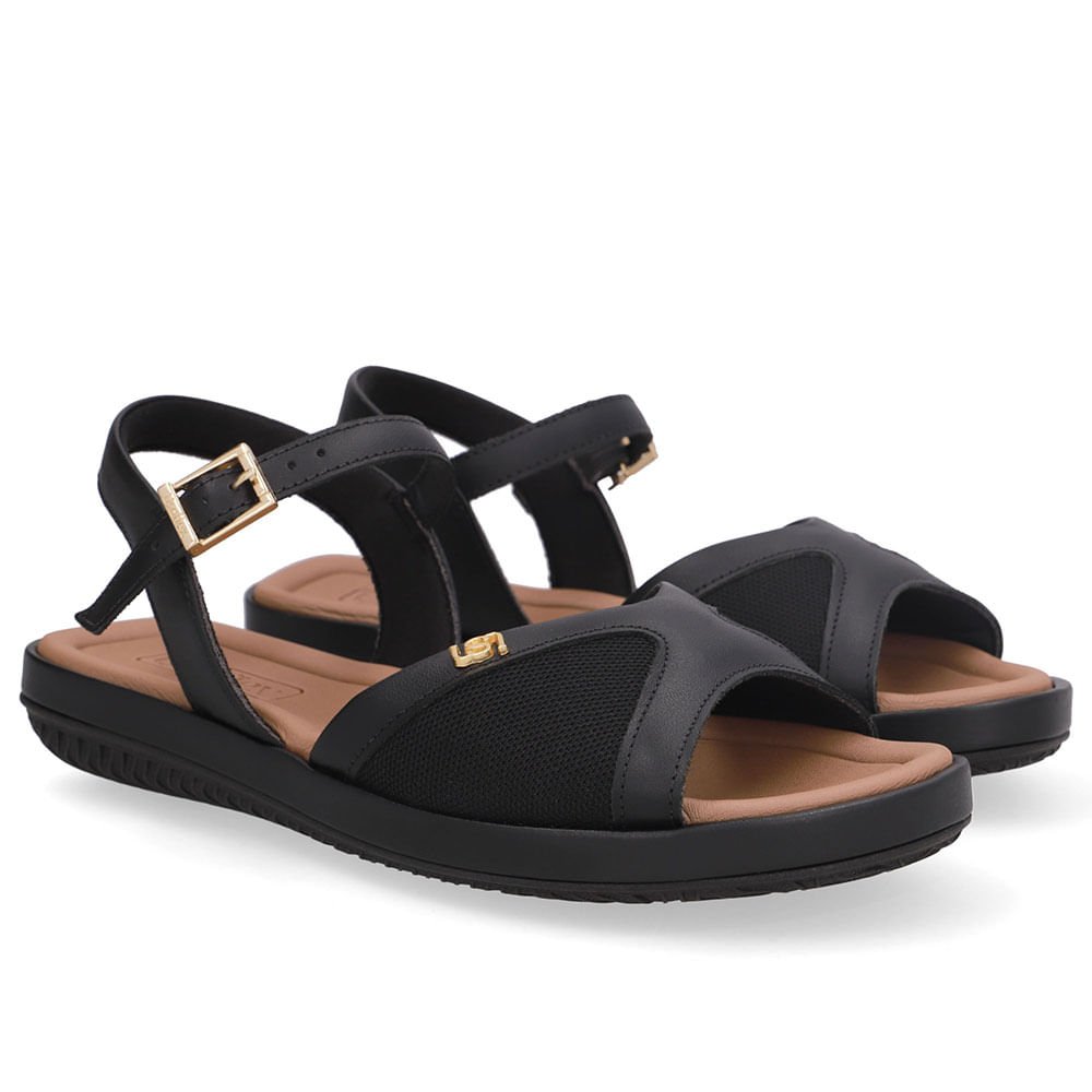 Sandália Salto Baixo Couro Preta Lateral Tecido Preto 2