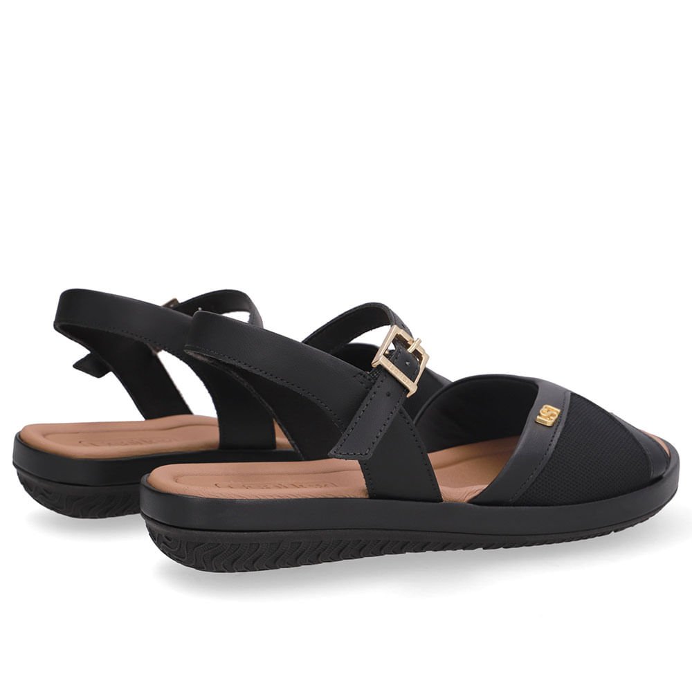 Sandália Salto Baixo Couro Preta Lateral Tecido Preto 3