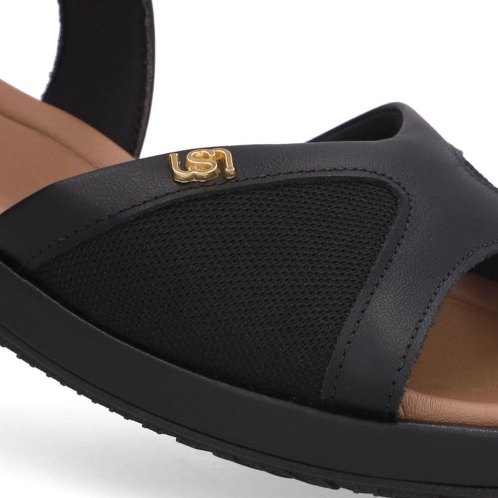 Sandália Salto Baixo Couro Preta Lateral Tecido Preto 4