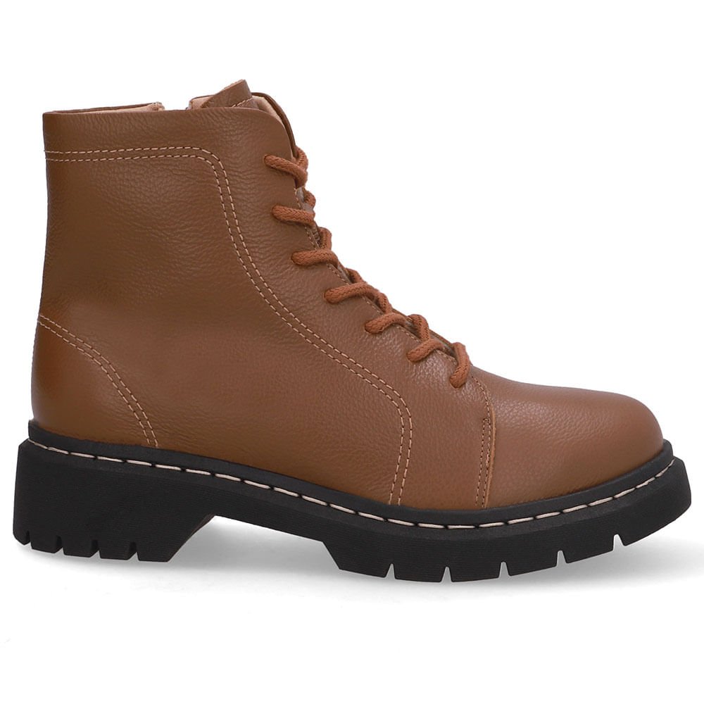 Bota Marrom Couro Salto Bloco Tratorado Cadarço