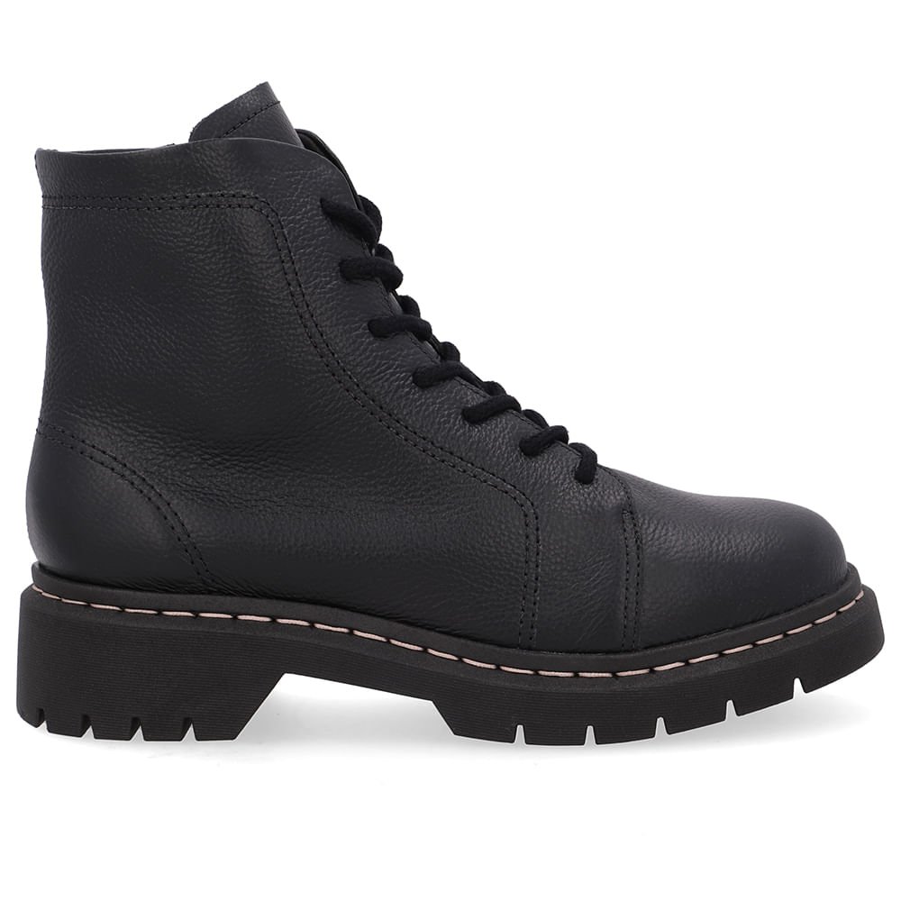 Bota Preta Couro Salto Bloco Tratorado Cadarço