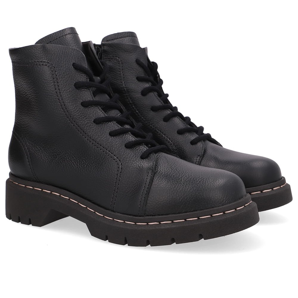 Bota Preta Couro Salto Bloco Tratorado Cadarço Preto 2