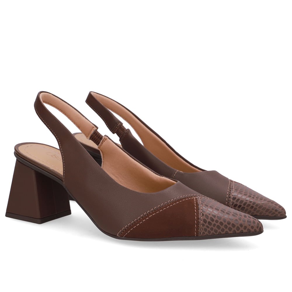 Slingback Marrom Bico Fino Couro Marrom 2