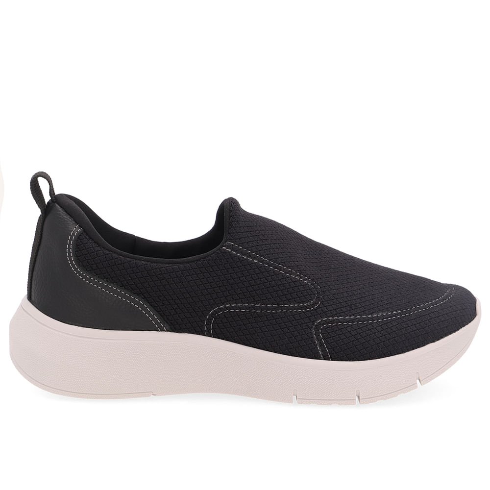 Tênis Slip On Preto Tecido Costura Enfeite