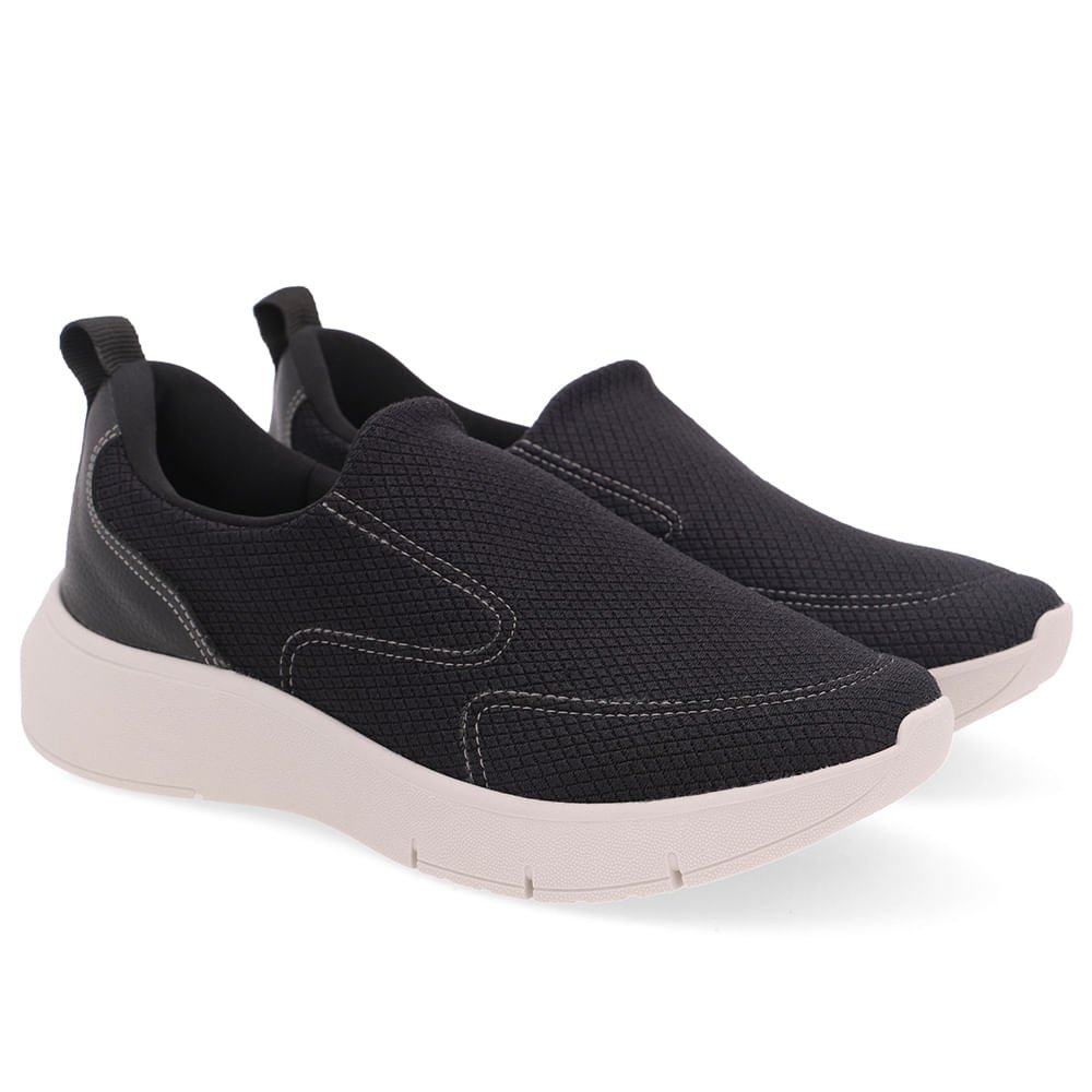 Tênis Slip On Preto Tecido Costura Enfeite Preto 2